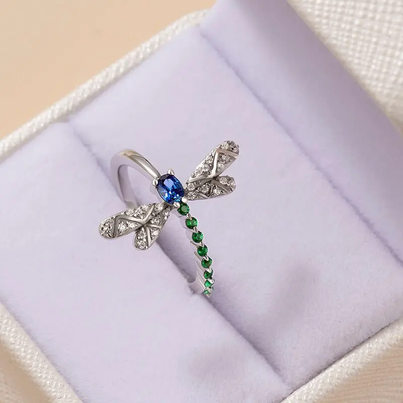 Huitan Chic Dragonfly Rings for Women Blue Green CZ Daily Wear Statement Girls Ring Birthday Gift Dance Party New Trendy Jewelry