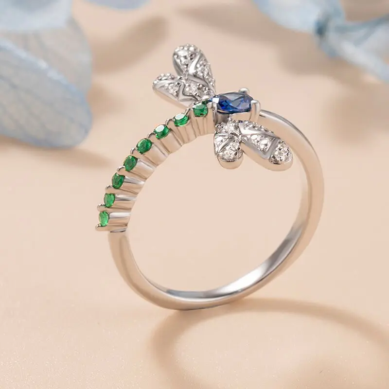 Huitan Chic Dragonfly Rings for Women Blue Green CZ Daily Wear Statement Girls Ring Birthday Gift Dance Party New Trendy Jewelry