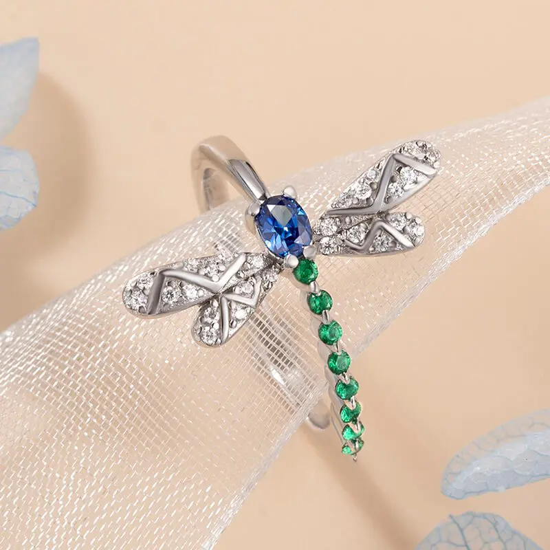 Huitan Chic Dragonfly Rings for Women Blue Green CZ Daily Wear Statement Girls Ring Birthday Gift Dance Party New Trendy Jewelry