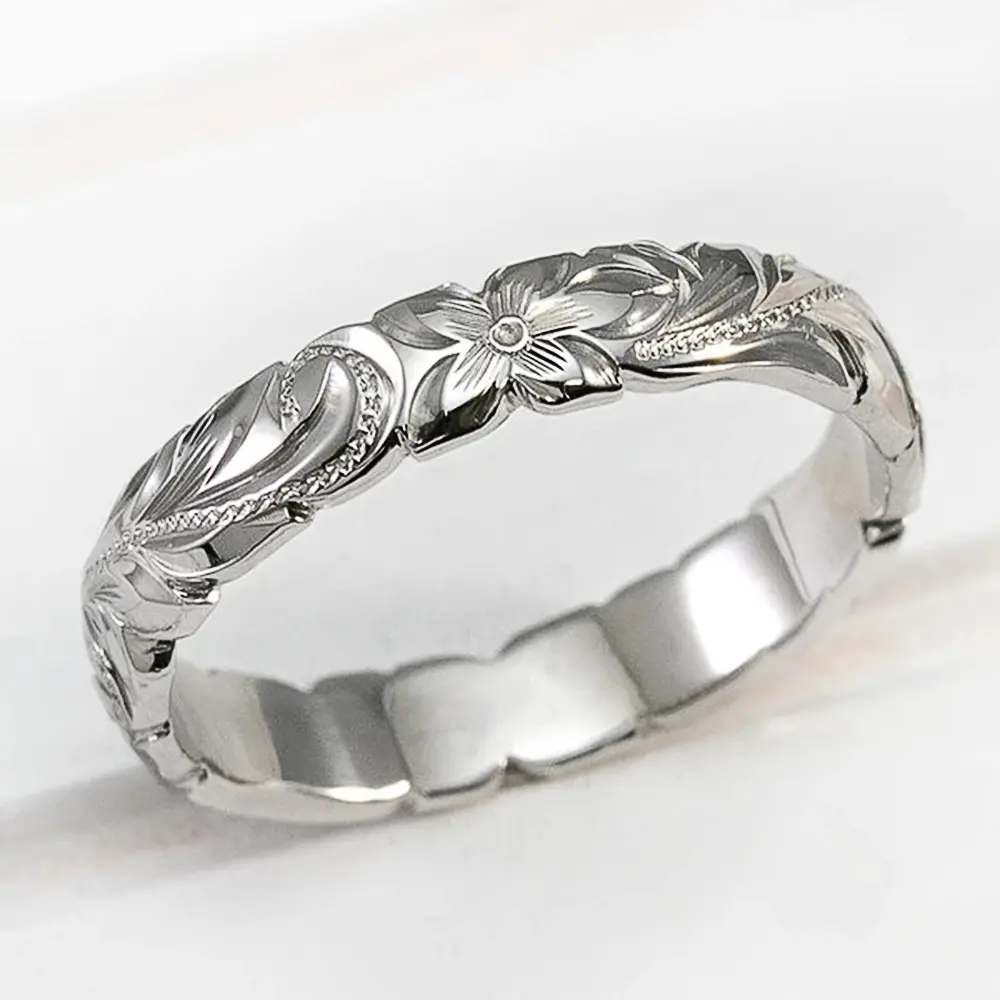 Huitan Simple Stylish Carved Flower Design Women Ring Anniversary Gift Graceful Female Finger Ring Fashion Jewelry Hot Sale