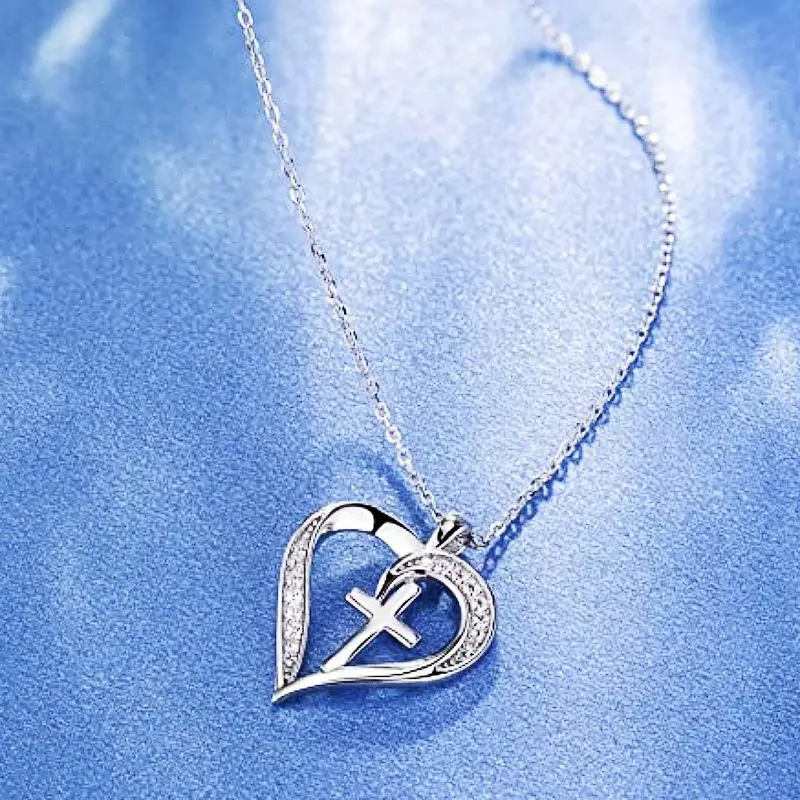 Huitan Creative Heart with Cross Design Pendant Necklace for Women Wedding Anniversary Party Statement Neck Accessories Jewelry