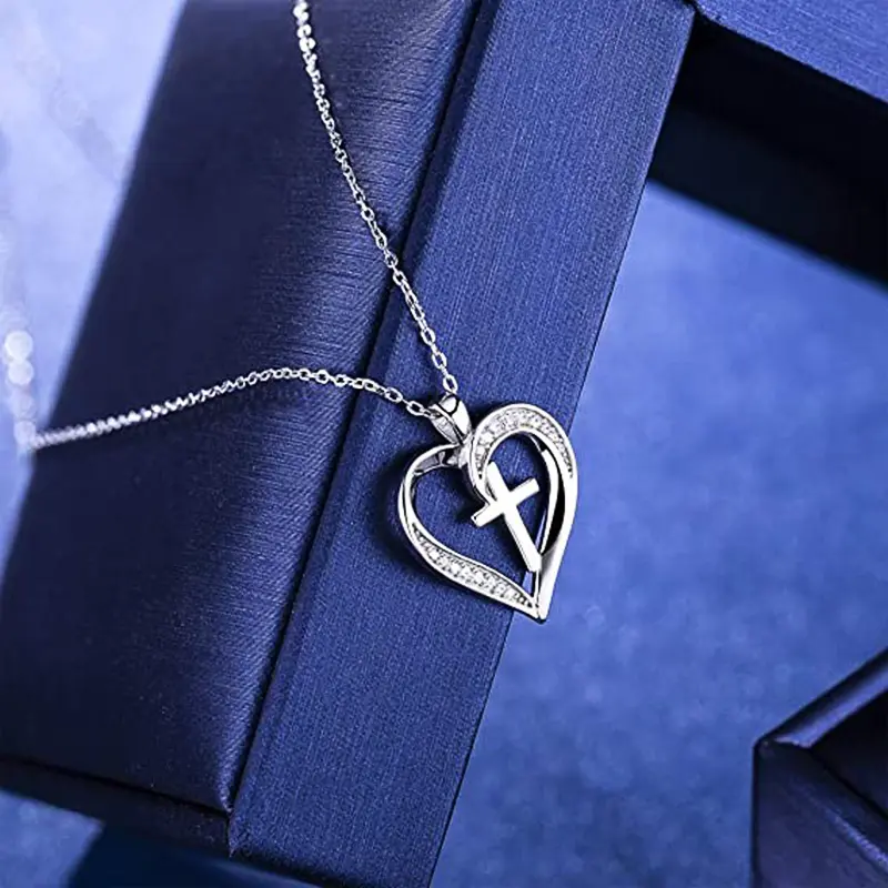 Huitan Creative Heart with Cross Design Pendant Necklace for Women Wedding Anniversary Party Statement Neck Accessories Jewelry