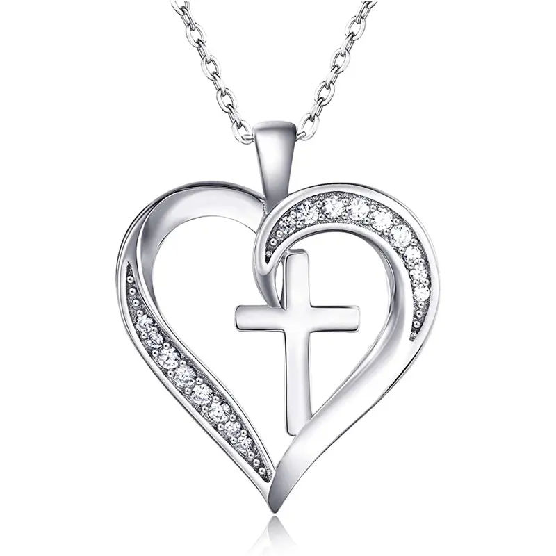 Huitan Creative Heart with Cross Design Pendant Necklace for Women Wedding Anniversary Party Statement Neck Accessories Jewelry