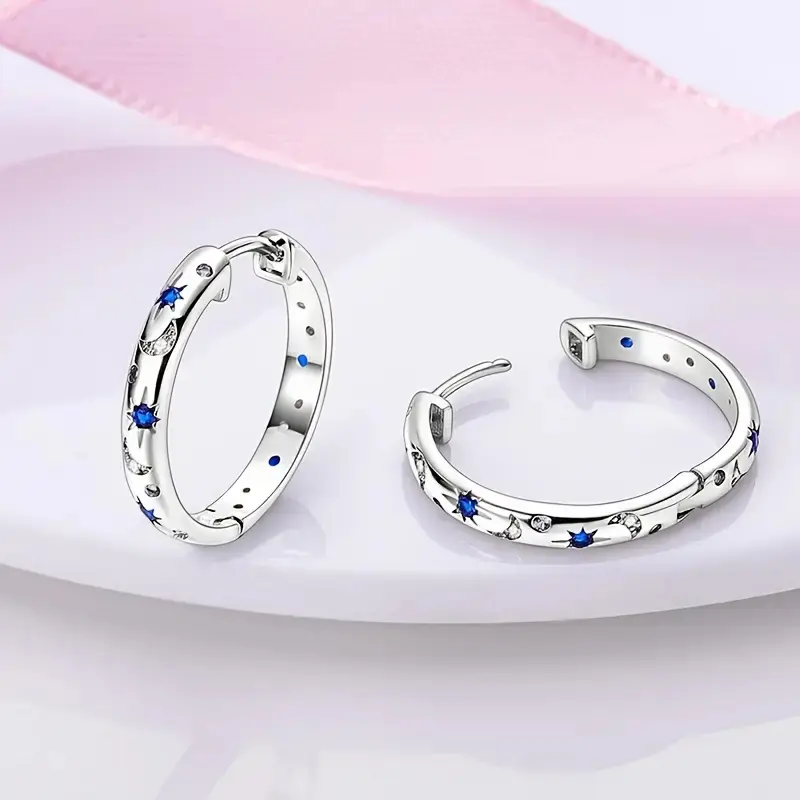 Huitan Chic Silver Color Circle Earrings for Women Delicate Star and Moon Jewelry Teen Girls Gift Shiny Zirconia Accessories