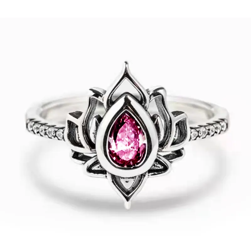 Huitan Aesthetic Lotus Flower Rings with Water Drop CZ Exquisite Women Finger-rings Fancy Anniversary Gift New Trendy Jewelry