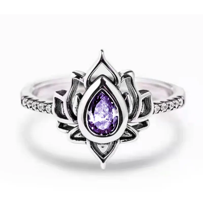 Huitan Aesthetic Lotus Flower Rings with Water Drop CZ Exquisite Women Finger-rings Fancy Anniversary Gift New Trendy Jewelry