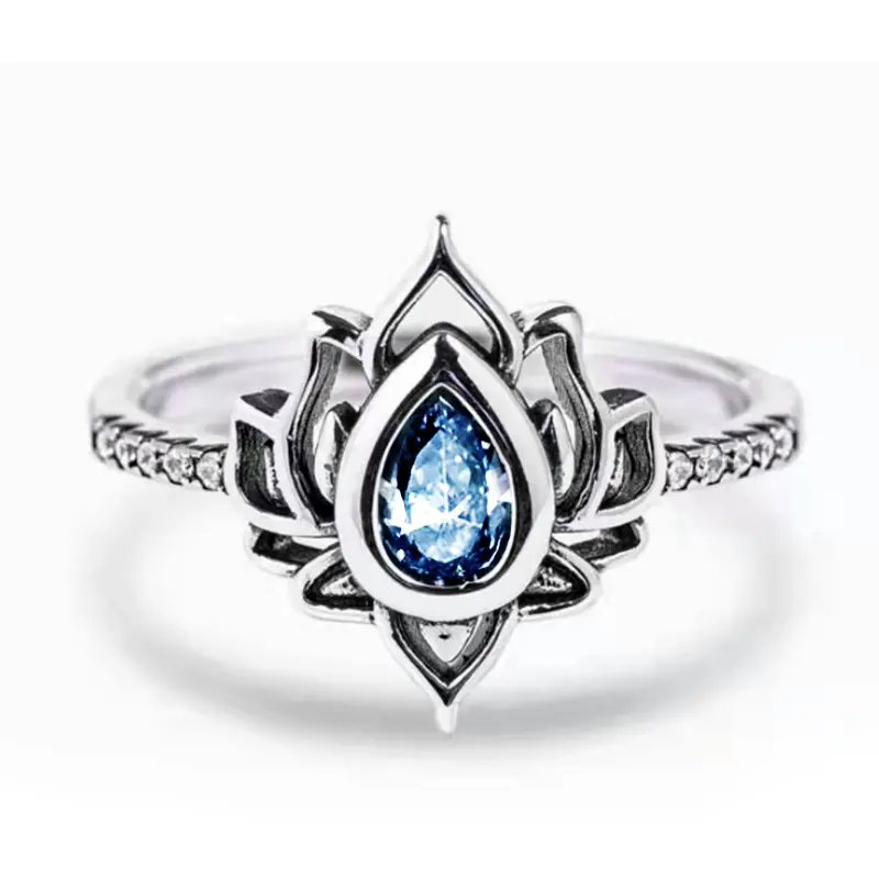 Huitan Aesthetic Lotus Flower Rings with Water Drop CZ Exquisite Women Finger-rings Fancy Anniversary Gift New Trendy Jewelry