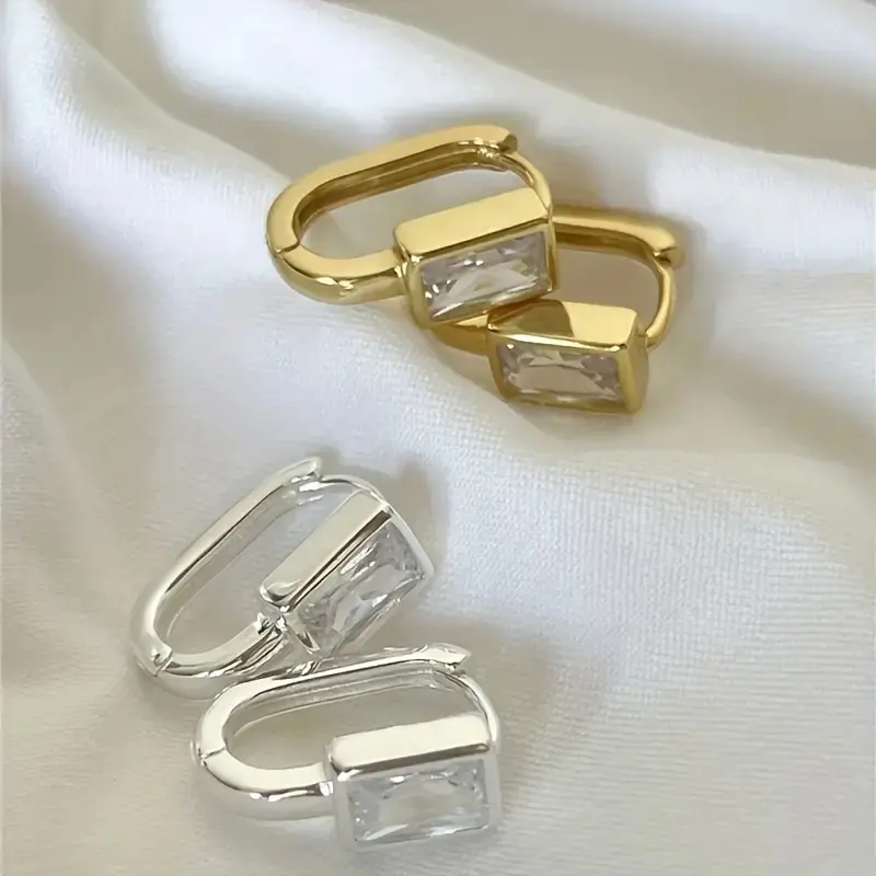 Huitan Fashion Contracted Rectangular Cubic Zirconia Hoop Earrings for Women Silver Color/Gold Color Temperament Girls Jewelry