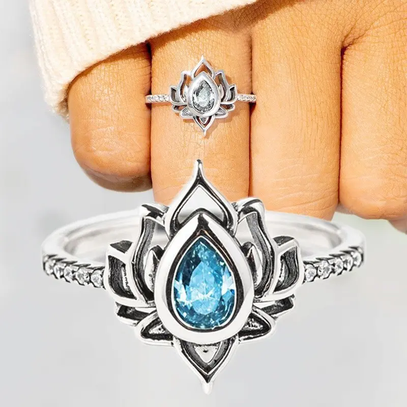 Huitan Aesthetic Lotus Flower Rings with Water Drop CZ Exquisite Women Finger-rings Fancy Anniversary Gift New Trendy Jewelry