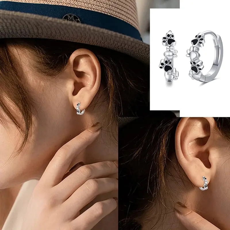 Huitan Pet Footprint Women Hoop Earrings Cute Small Circle Earrings Love Cat/Dogs Paw Design Accessories Gift Statement Jewelry