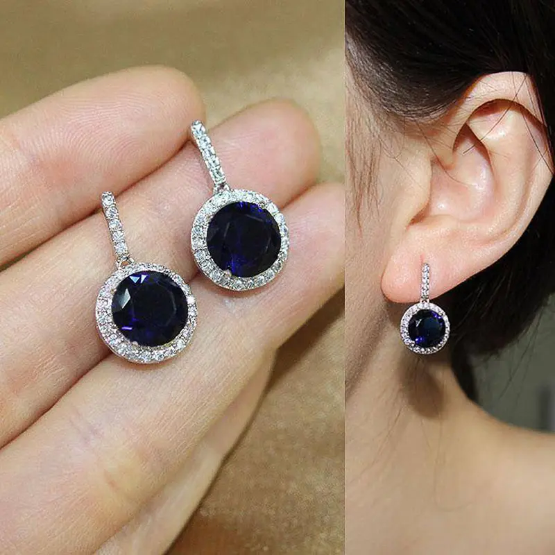 Huitan Colored Round Cubic Zirconia Dangle Earrings for Women Blue/Pink/Red/Yellow CZ Temperament Female Ear Accessories Jewelry