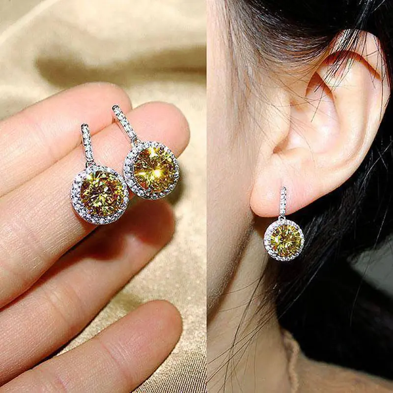 Huitan Colored Round Cubic Zirconia Dangle Earrings for Women Blue/Pink/Red/Yellow CZ Temperament Female Ear Accessories Jewelry