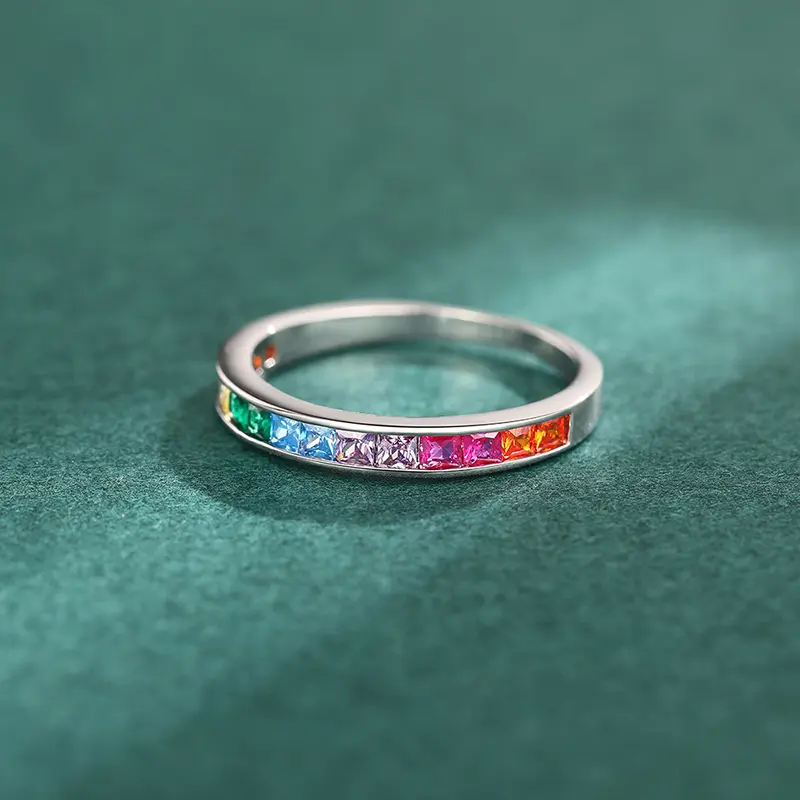 Huitan Bright Square Colorful Zirconia Thin Ring Fashion Finger Band Jewelry for Daily Life Versatile Stylish Accessories Gift