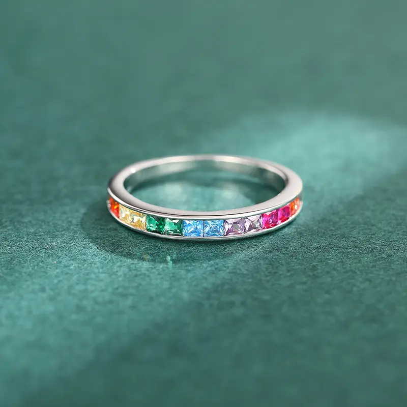 Huitan Bright Square Colorful Zirconia Thin Ring Fashion Finger Band Jewelry for Daily Life Versatile Stylish Accessories Gift