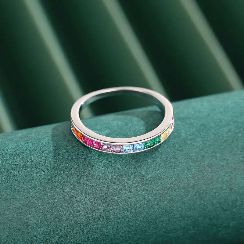 Huitan Bright Square Colorful Zirconia Thin Ring Fashion Finger Band Jewelry for Daily Life Versatile Stylish Accessories Gift