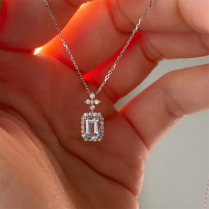Huitan Fancy Geometric Pendant Necklace with Light Blue Cubic Zirconia Aesthetic Women's Clavicle Chain Necklace Wedding Jewelry