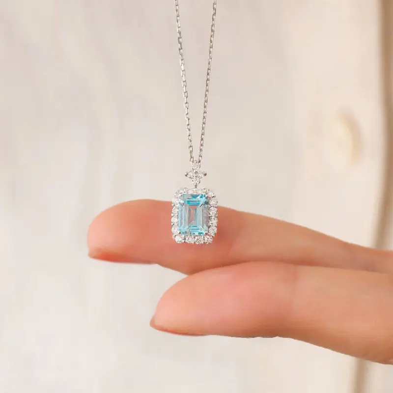 Huitan Fancy Geometric Pendant Necklace with Light Blue Cubic Zirconia Aesthetic Women's Clavicle Chain Necklace Wedding Jewelry