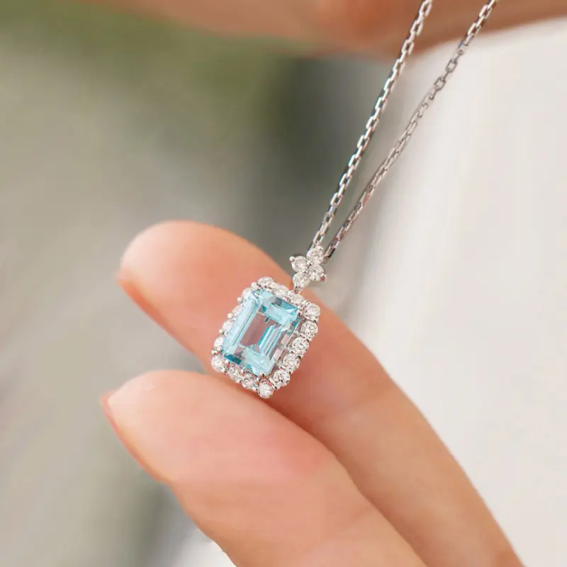 Huitan Fancy Geometric Pendant Necklace with Light Blue Cubic Zirconia Aesthetic Women's Clavicle Chain Necklace Wedding Jewelry