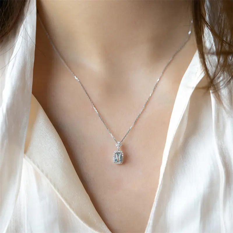 Huitan Fancy Geometric Pendant Necklace with Light Blue Cubic Zirconia Aesthetic Women's Clavicle Chain Necklace Wedding Jewelry