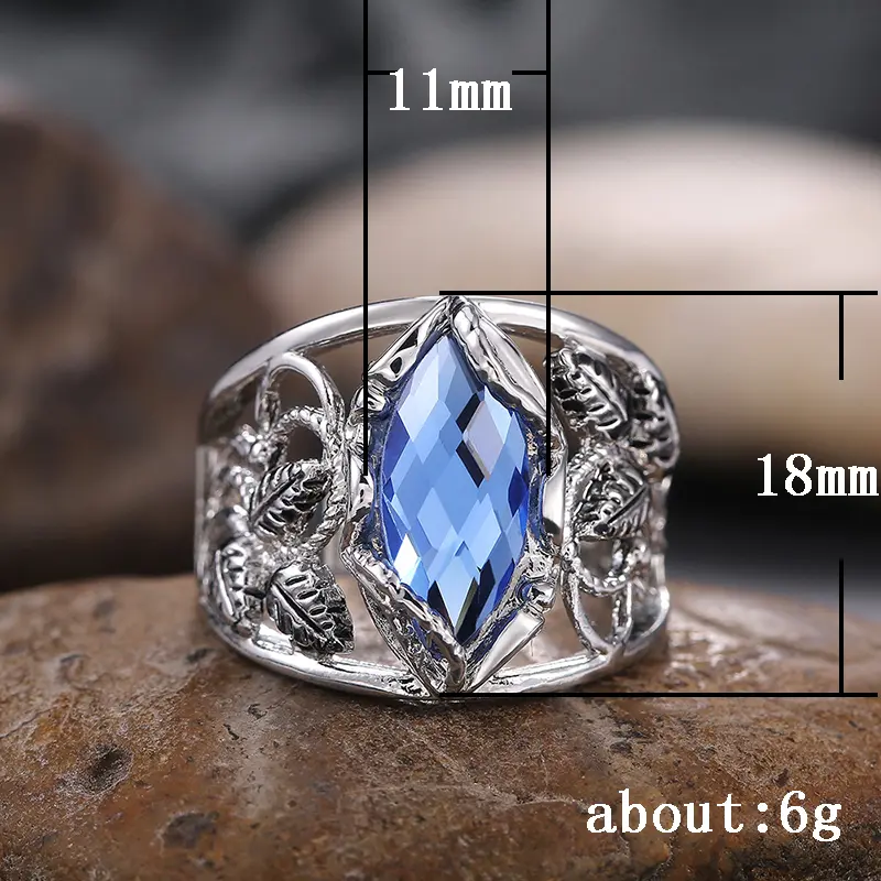 Huitan Fashion Wide Women Ring for Party Daily Wearable Jewelry Noble Rhombus Cut Blue Horse Eye Drill Stone Hollow Leaf  Rings