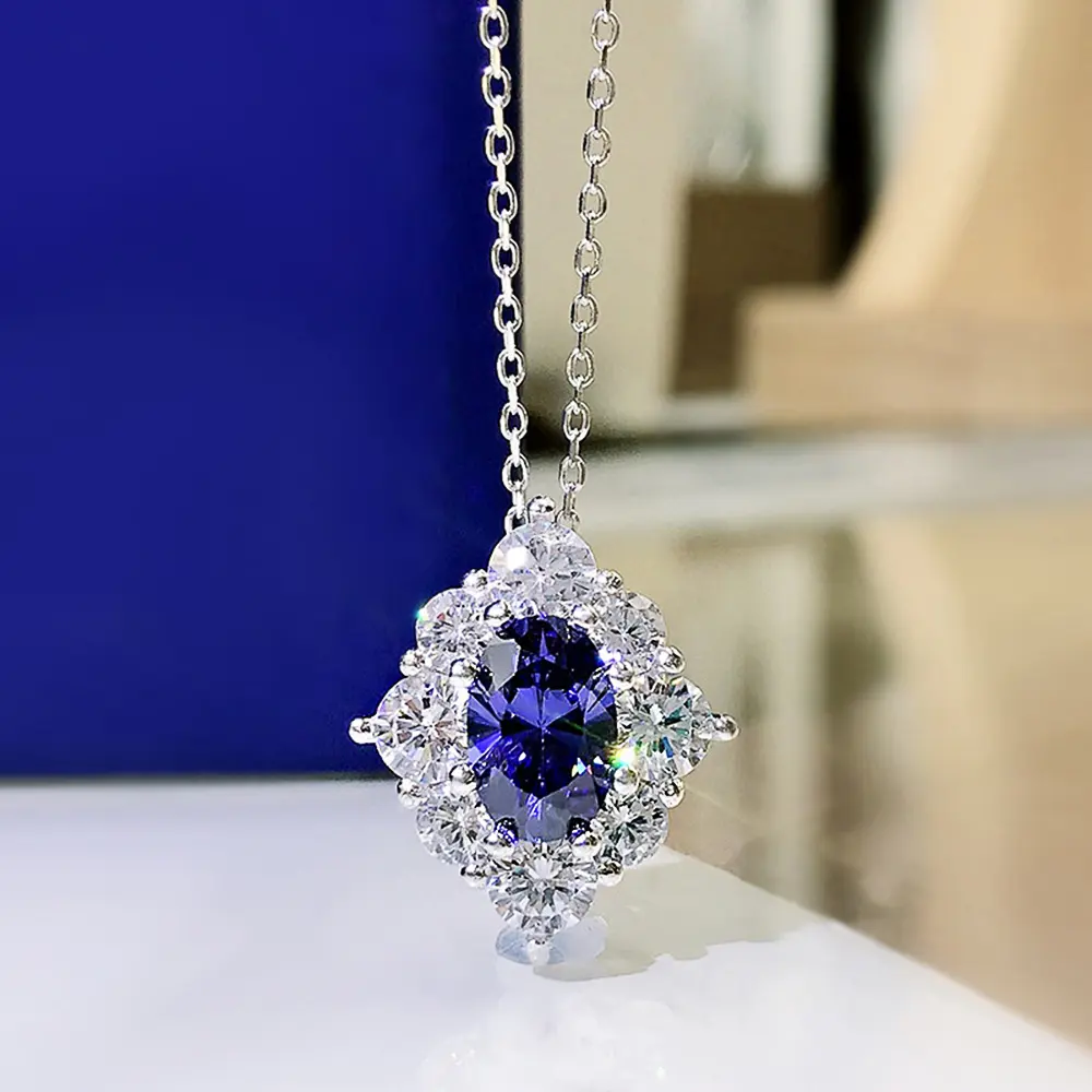 Huitan Gorgeous Oval Blue Cubic Zirconia Pendant Necklace Women for Wedding Luxury Brilliant Female Necklace Statement Jewelry