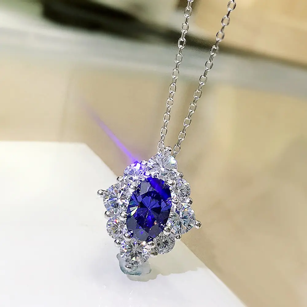 Huitan Gorgeous Oval Blue Cubic Zirconia Pendant Necklace Women for Wedding Luxury Brilliant Female Necklace Statement Jewelry