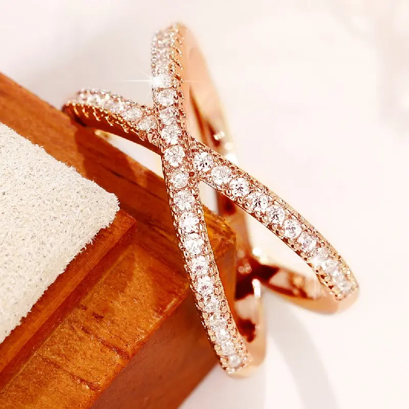 Huitan Fashion Cross Finger Rings for Women 3 Metal Colors Paved Dazzling Cubic Zirconia Simple Stylish Female Rings Hot Jewelry