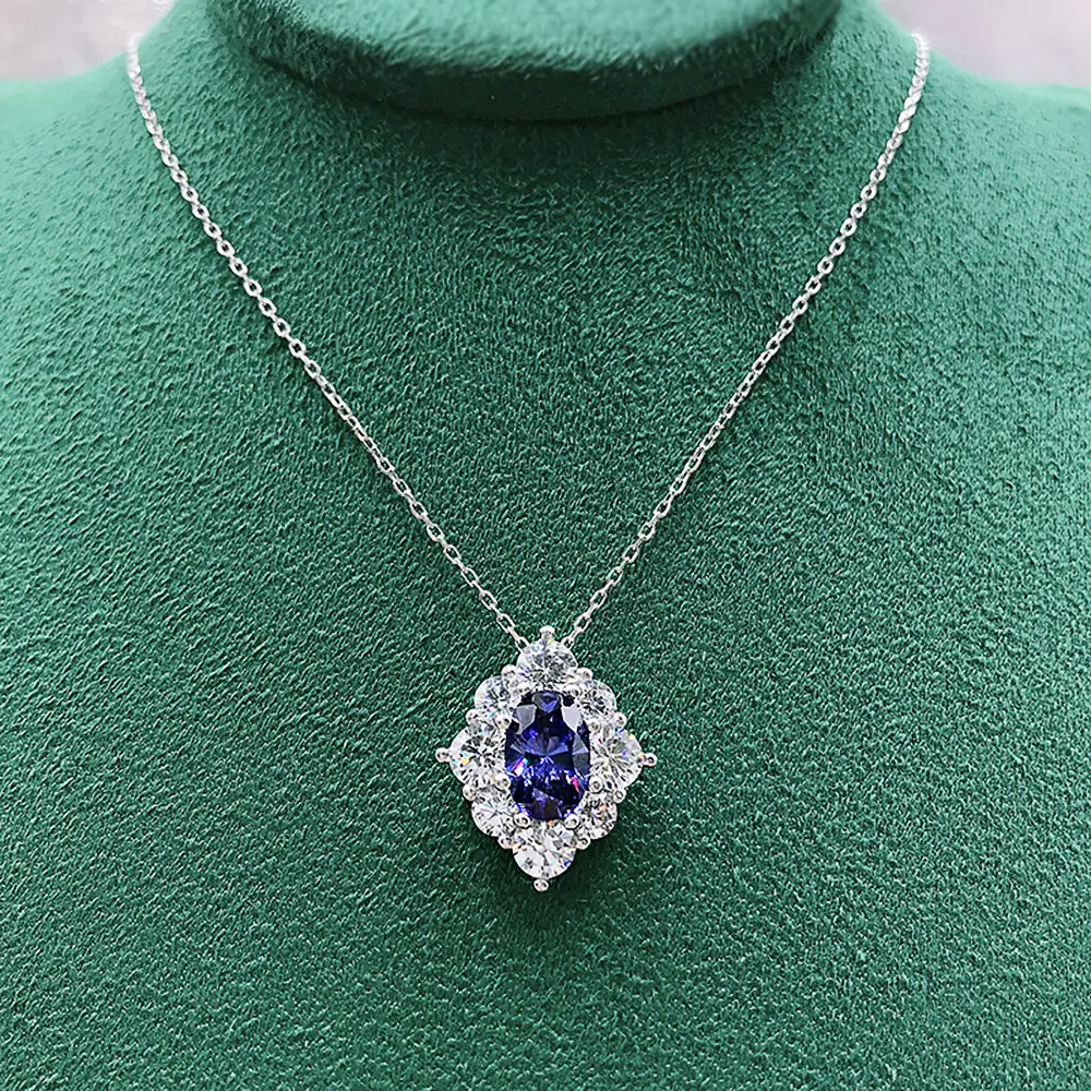 Huitan Gorgeous Oval Blue Cubic Zirconia Pendant Necklace Women for Wedding Luxury Brilliant Female Necklace Statement Jewelry