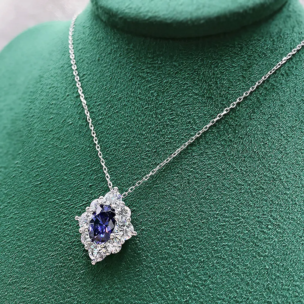 Huitan Gorgeous Oval Blue Cubic Zirconia Pendant Necklace Women for Wedding Luxury Brilliant Female Necklace Statement Jewelry