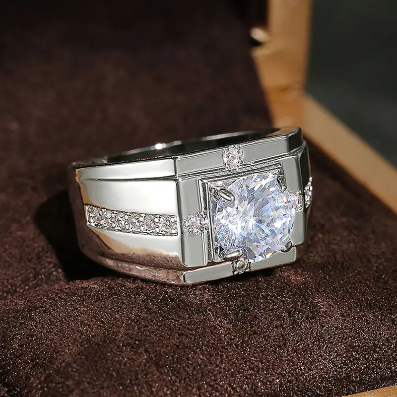 Huitan Luxury Silver Color Round Cubic Zircon Rings for Men Classic Wedding Ceremony Ring Dazzling Male Accessories Jewelry Hot