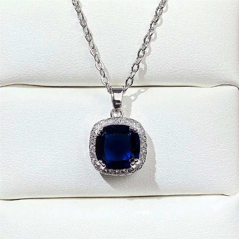 Huitan Classic Blue Cubic Zirconia Necklace for Women Luxury Engagement Wedding Accessories Anniversary Gift Versatile Jewelry