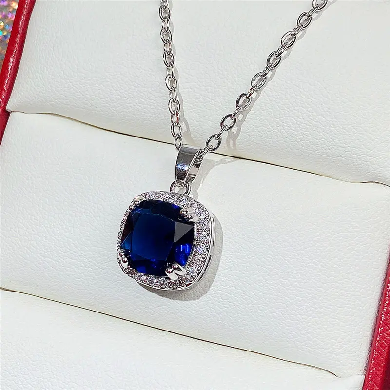 Huitan Classic Blue Cubic Zirconia Necklace for Women Luxury Engagement Wedding Accessories Anniversary Gift Versatile Jewelry