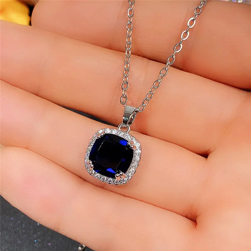Huitan Classic Blue Cubic Zirconia Necklace for Women Luxury Engagement Wedding Accessories Anniversary Gift Versatile Jewelry