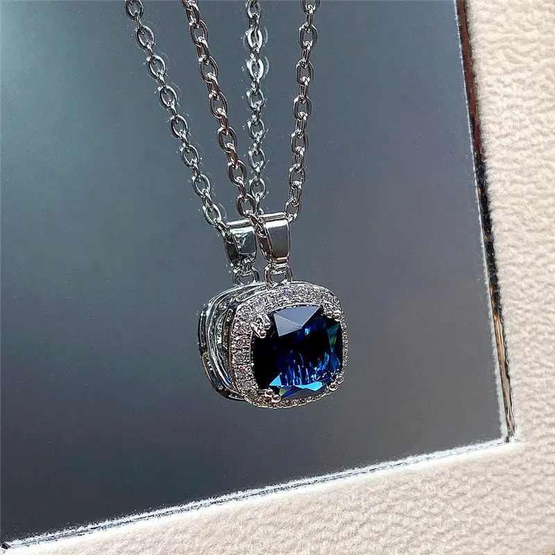 Huitan Classic Blue Cubic Zirconia Necklace for Women Luxury Engagement Wedding Accessories Anniversary Gift Versatile Jewelry
