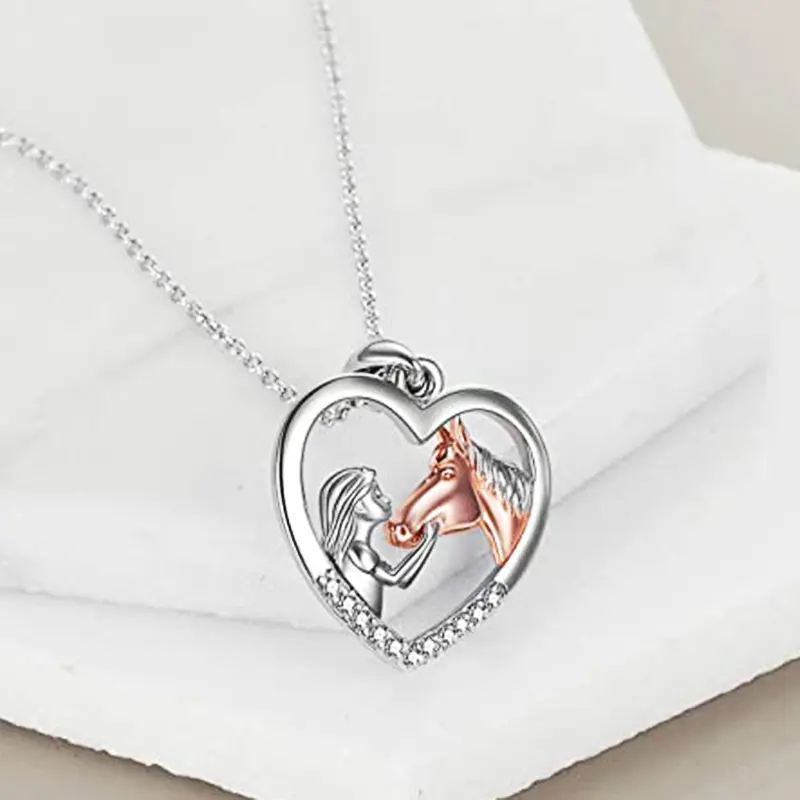 Huitan Creative Girl and Horse Friendship Necklace for Women Human Animal Love Pendant Necklaces Anniversary Gift Trendy Jewelry