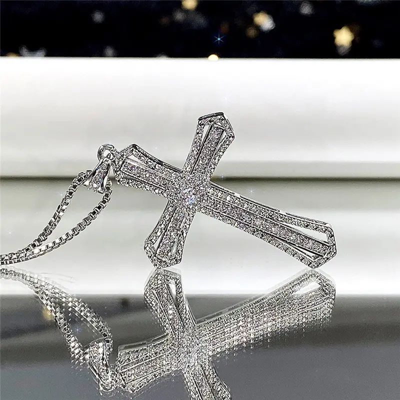 Huitan Hip Hop Cross Necklace for Women with Dazzling CZ Stone Luxury Silver Color Cool Neck Accessories Party Trendy Jewelry