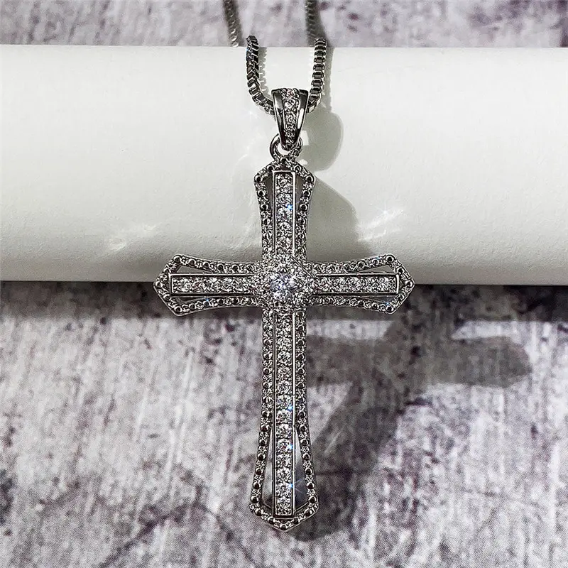 Huitan Hip Hop Cross Necklace for Women with Dazzling CZ Stone Luxury Silver Color Cool Neck Accessories Party Trendy Jewelry