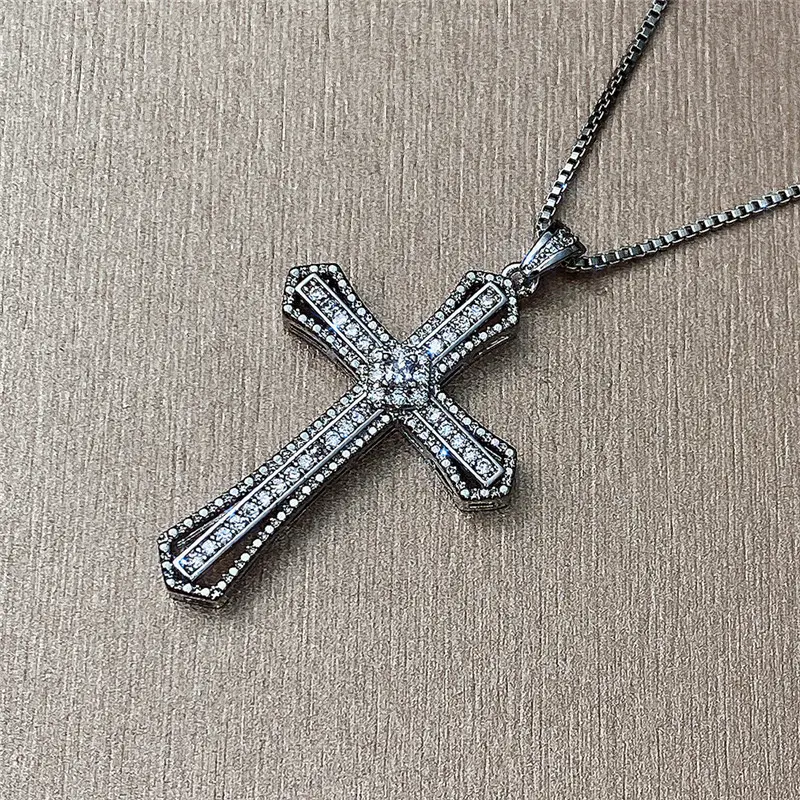 Huitan Hip Hop Cross Necklace for Women with Dazzling CZ Stone Luxury Silver Color Cool Neck Accessories Party Trendy Jewelry
