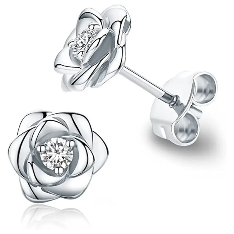 Huitan Eternity Flower Stud Earrings with CZ Romantic Rose Ear Accessories for Women Daily Wear Elegant Earrings Classic Jewelry