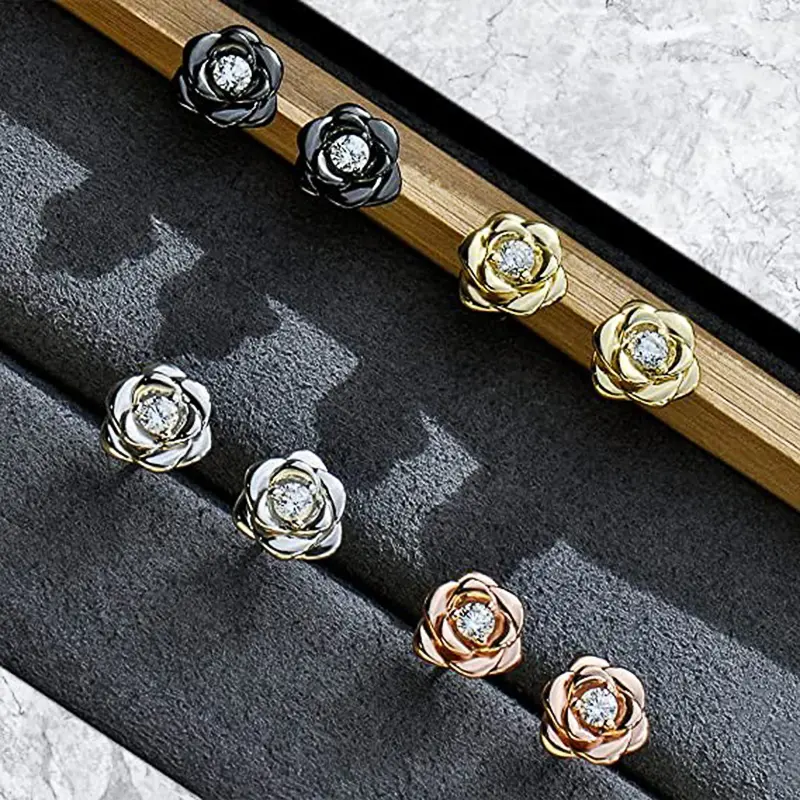 Huitan Eternity Flower Stud Earrings with CZ Romantic Rose Ear Accessories for Women Daily Wear Elegant Earrings Classic Jewelry