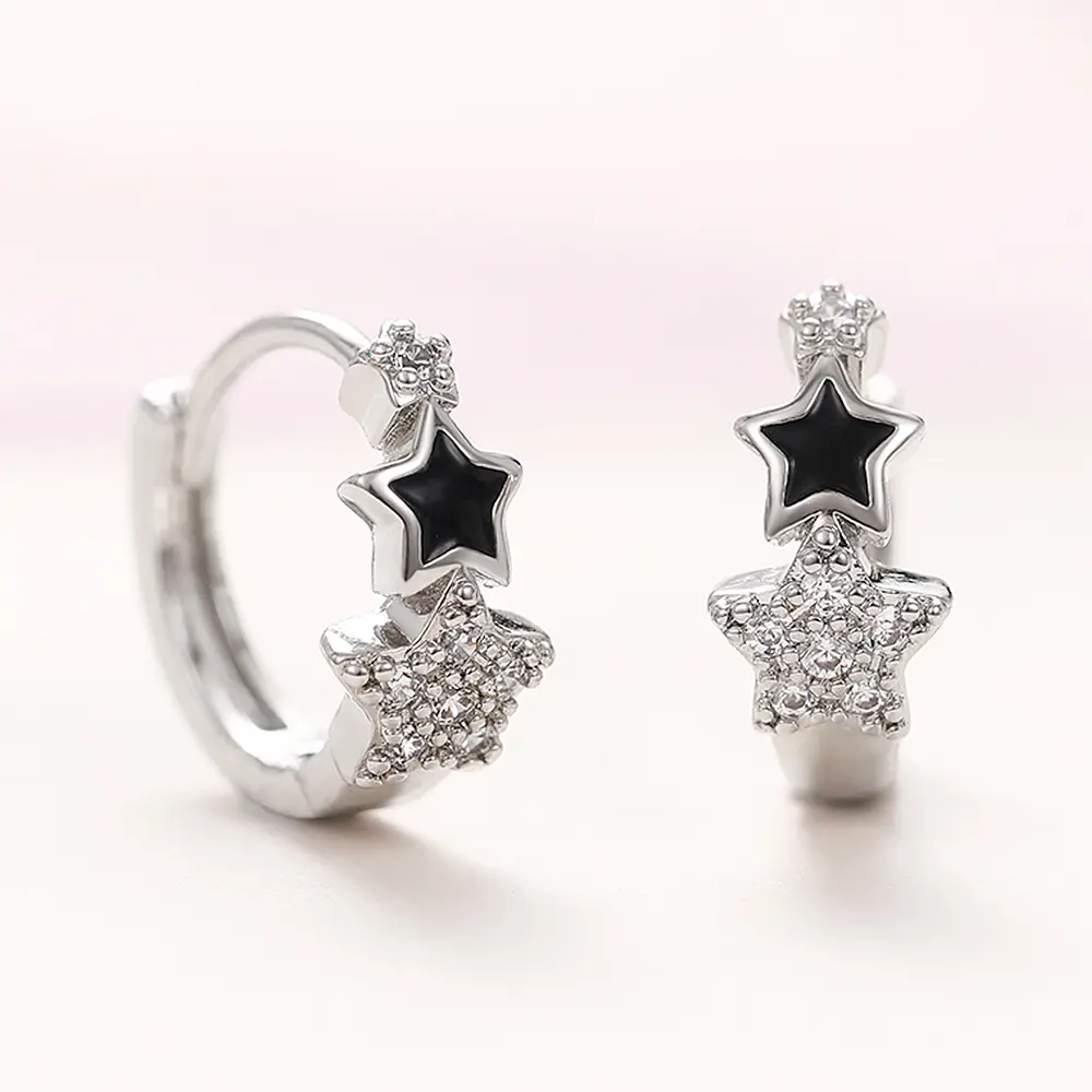 Huitan New Women Star Hoop Earrings with Shiny CZ Delicate Black Star Enamel Circle Earrings Birthday Girl Gift Fashion Jewelry