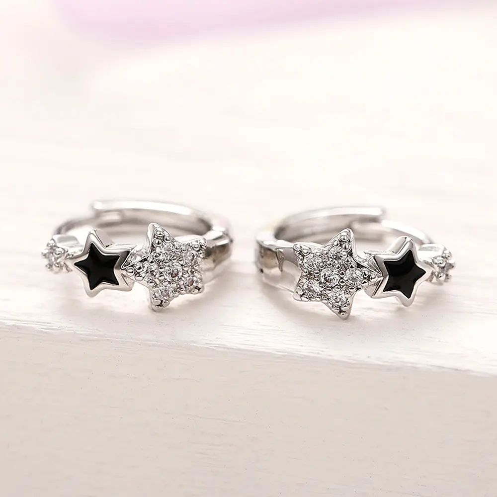 Huitan New Women Star Hoop Earrings with Shiny CZ Delicate Black Star Enamel Circle Earrings Birthday Girl Gift Fashion Jewelry