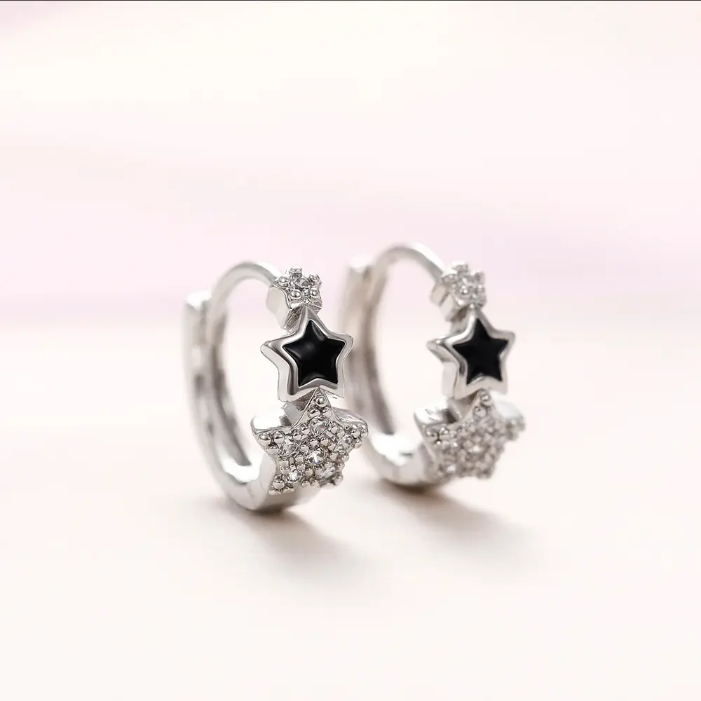 Huitan New Women Star Hoop Earrings with Shiny CZ Delicate Black Star Enamel Circle Earrings Birthday Girl Gift Fashion Jewelry