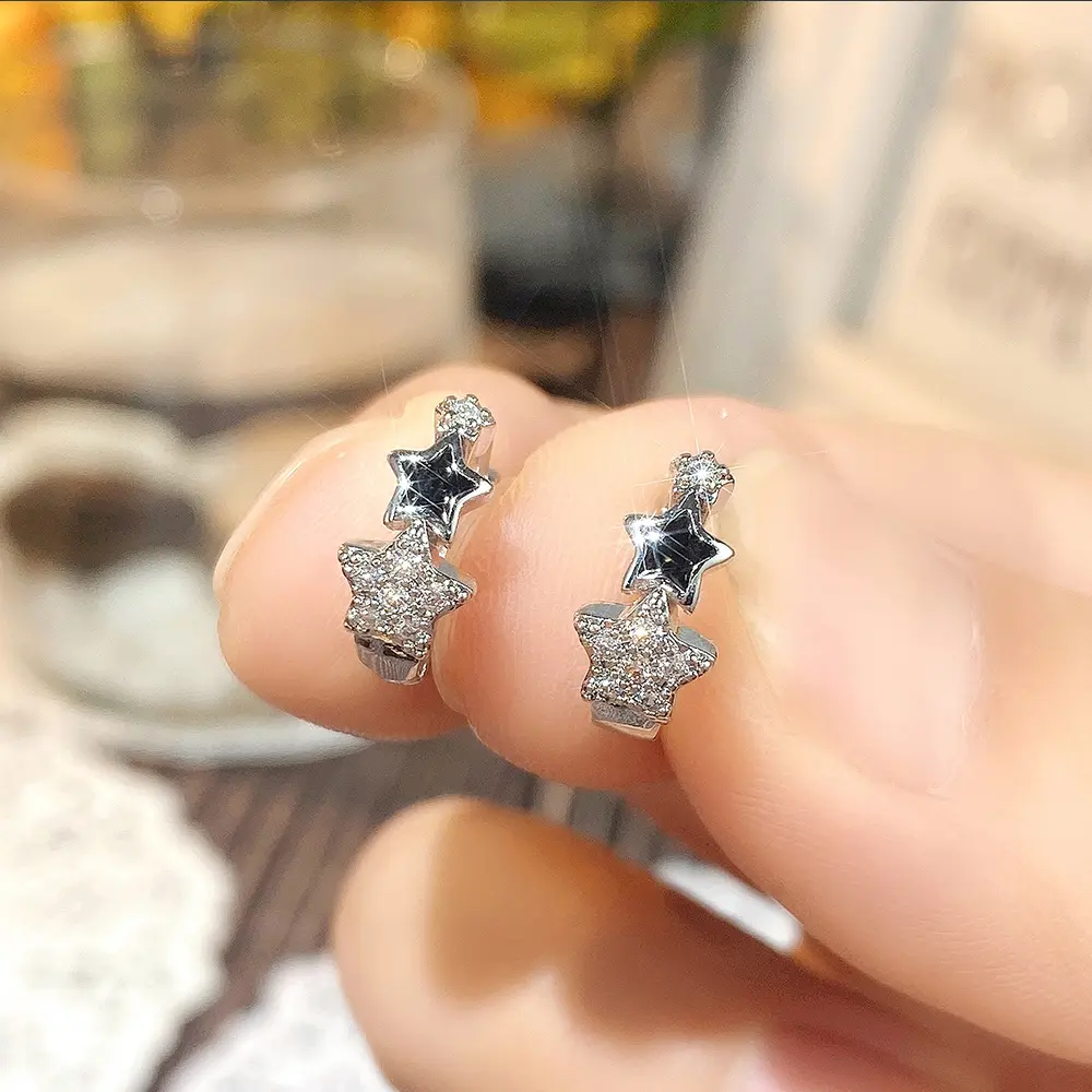 Huitan New Women Star Hoop Earrings with Shiny CZ Delicate Black Star Enamel Circle Earrings Birthday Girl Gift Fashion Jewelry