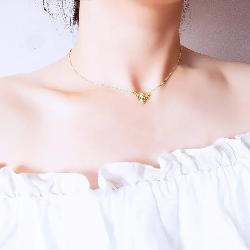 Huitan Gold Color Honey Bee Pendant Necklace for Women Fashion Exquisite Little Bee Neck Necklace Girls Gift Statement Jewelry