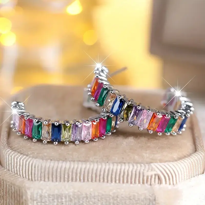 Huitan Delicate Colorful Zirconia Loop Earrings Lady Exquisite Accessories for Engagement Gorgeous Jewelry for Daily Party