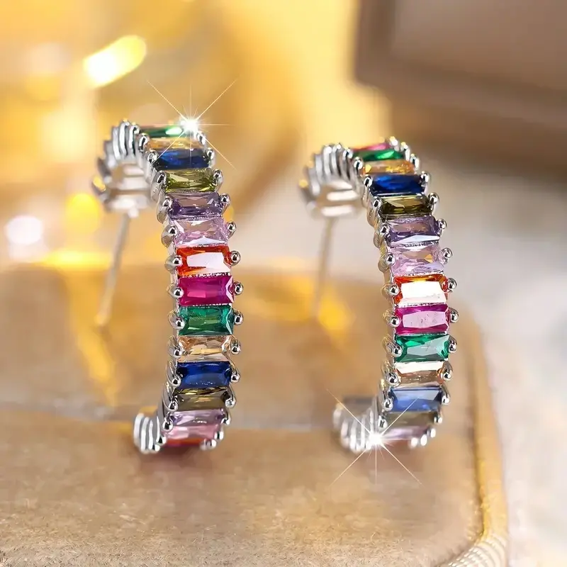Huitan Delicate Colorful Zirconia Loop Earrings Lady Exquisite Accessories for Engagement Gorgeous Jewelry for Daily Party