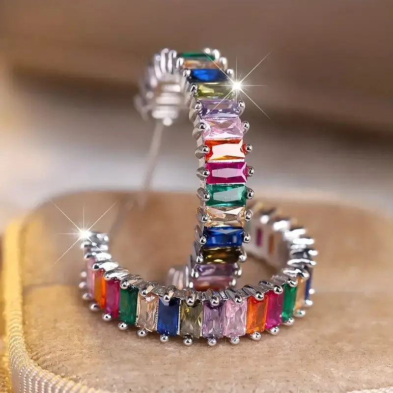 Huitan Delicate Colorful Zirconia Loop Earrings Lady Exquisite Accessories for Engagement Gorgeous Jewelry for Daily Party