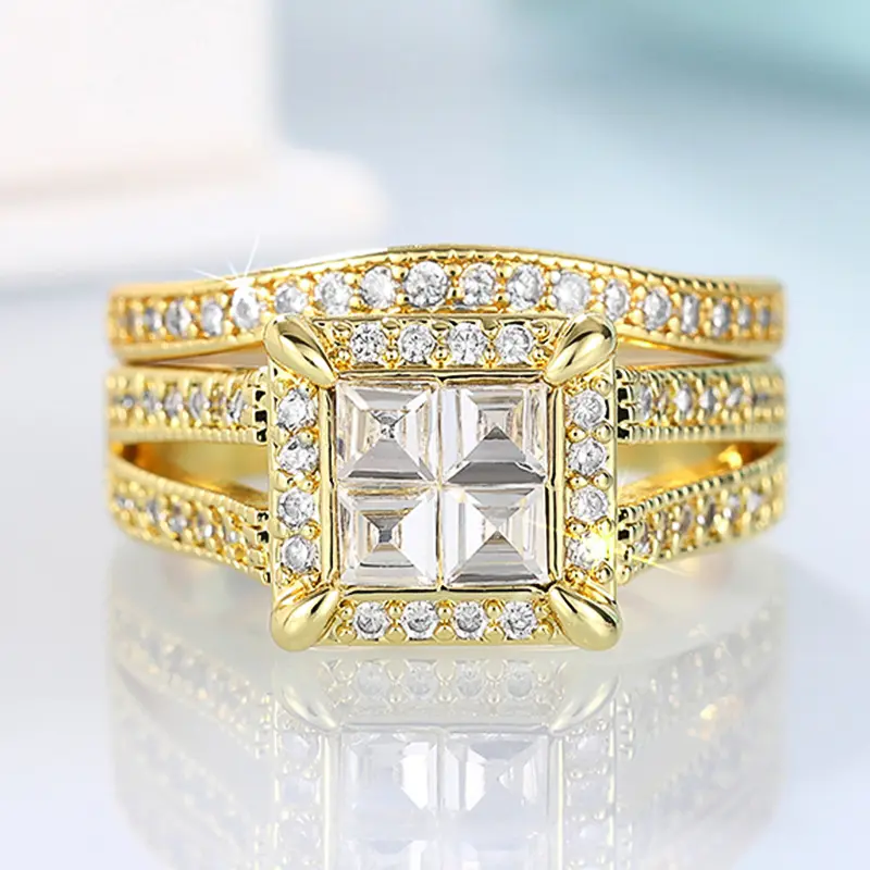 Huitan 2Pcs Set Gold Color Princess CZ Rings for Women Wedding Engagement Party Modern Fashionable Female Jewelry Drop Shipping