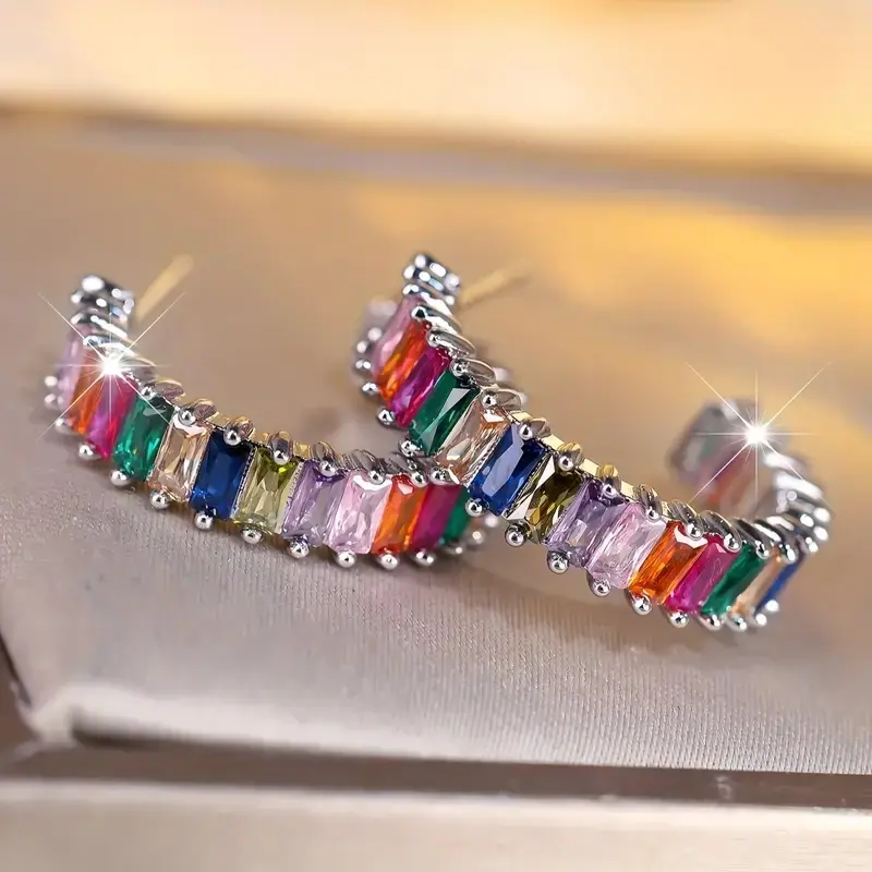 Huitan Delicate Colorful Zirconia Loop Earrings Lady Exquisite Accessories for Engagement Gorgeous Jewelry for Daily Party